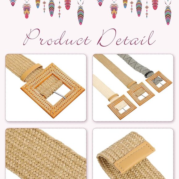 3 Pcs Straw Woven Belts Elastic Raffia Belts for Women 2025 Rattan Buckle Waist main image 4